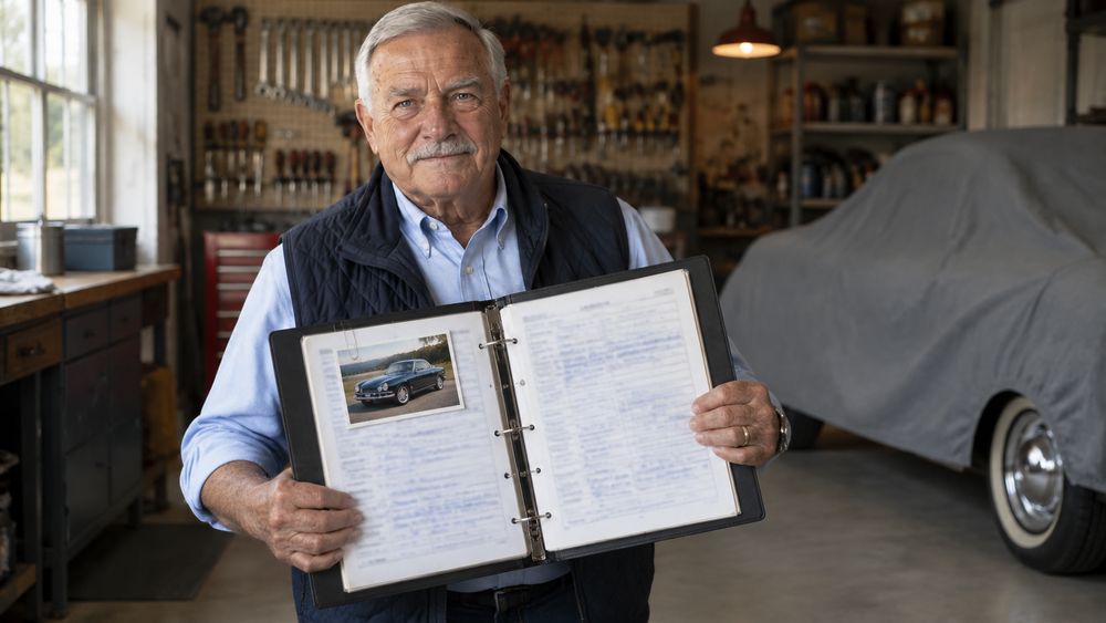 Gene holding open his own filled-in Ledger binder