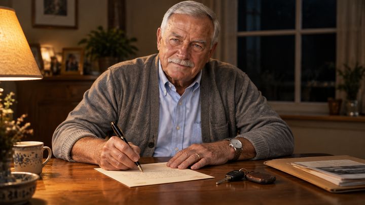 Gene writing a letter for his family at the kitchen table