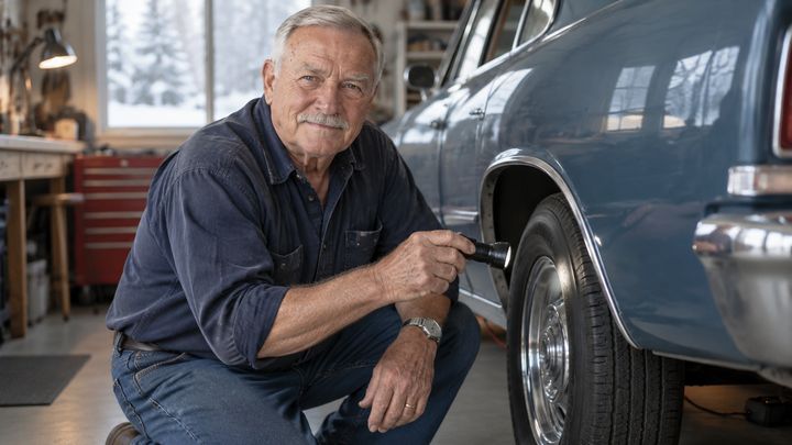 Gene checking a classic's tire in a winter garage