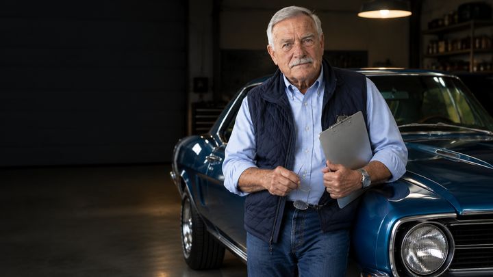 Gene with a clipboard beside a muscle car