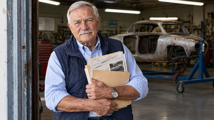Gene at a restoration shop door with a folder of receipts